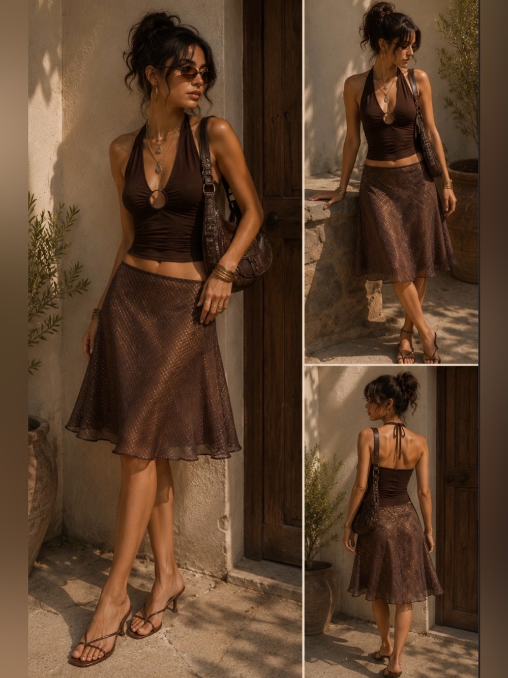 NWT Charter Club Brown gold details Silk Sheer Lined Midi Skirt size P4 Y2K boho